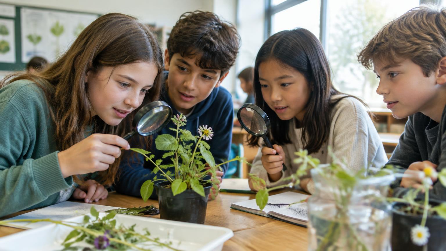 Leerlingen onderzoeken planten met een vergrootglas