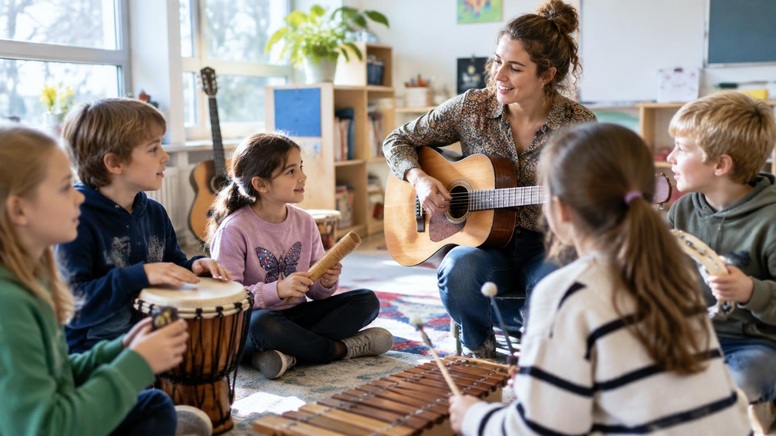 Kinderen maken samen muziek met een docent