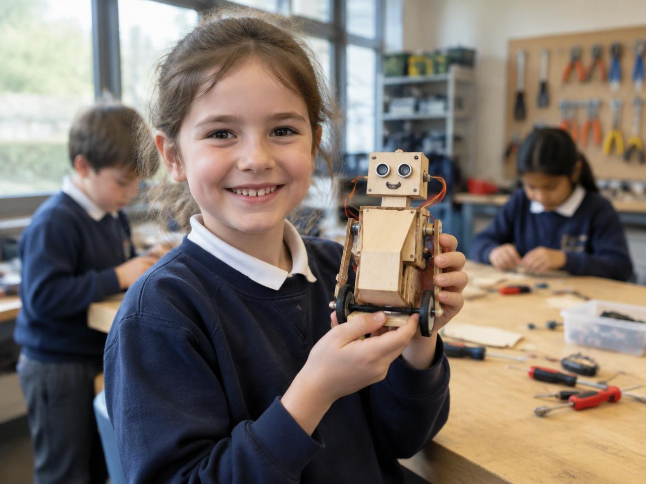 Meisje laat trots een zelfgebouwde houten robot zien