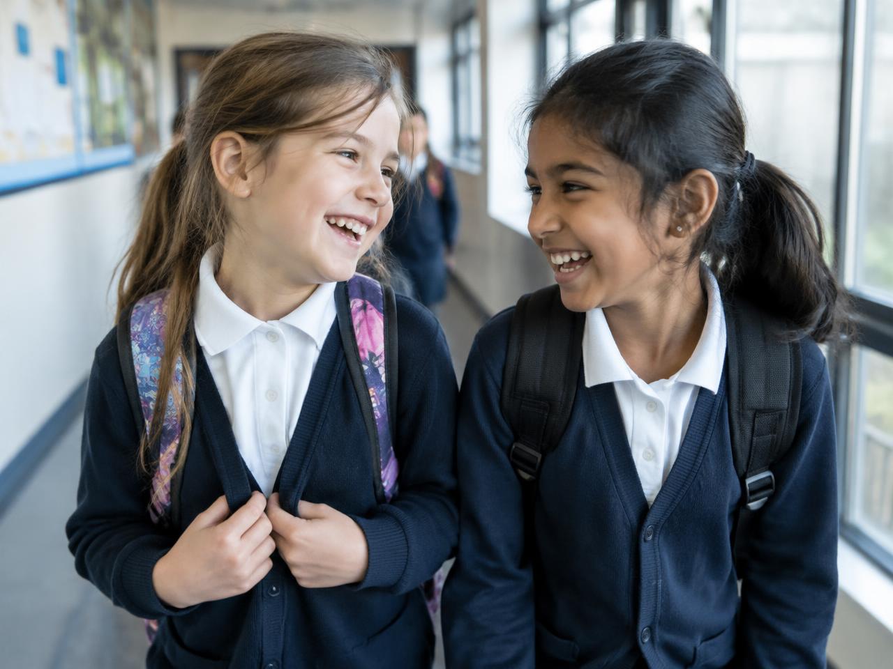 Twee meisjes lachen samen in de schoolgang