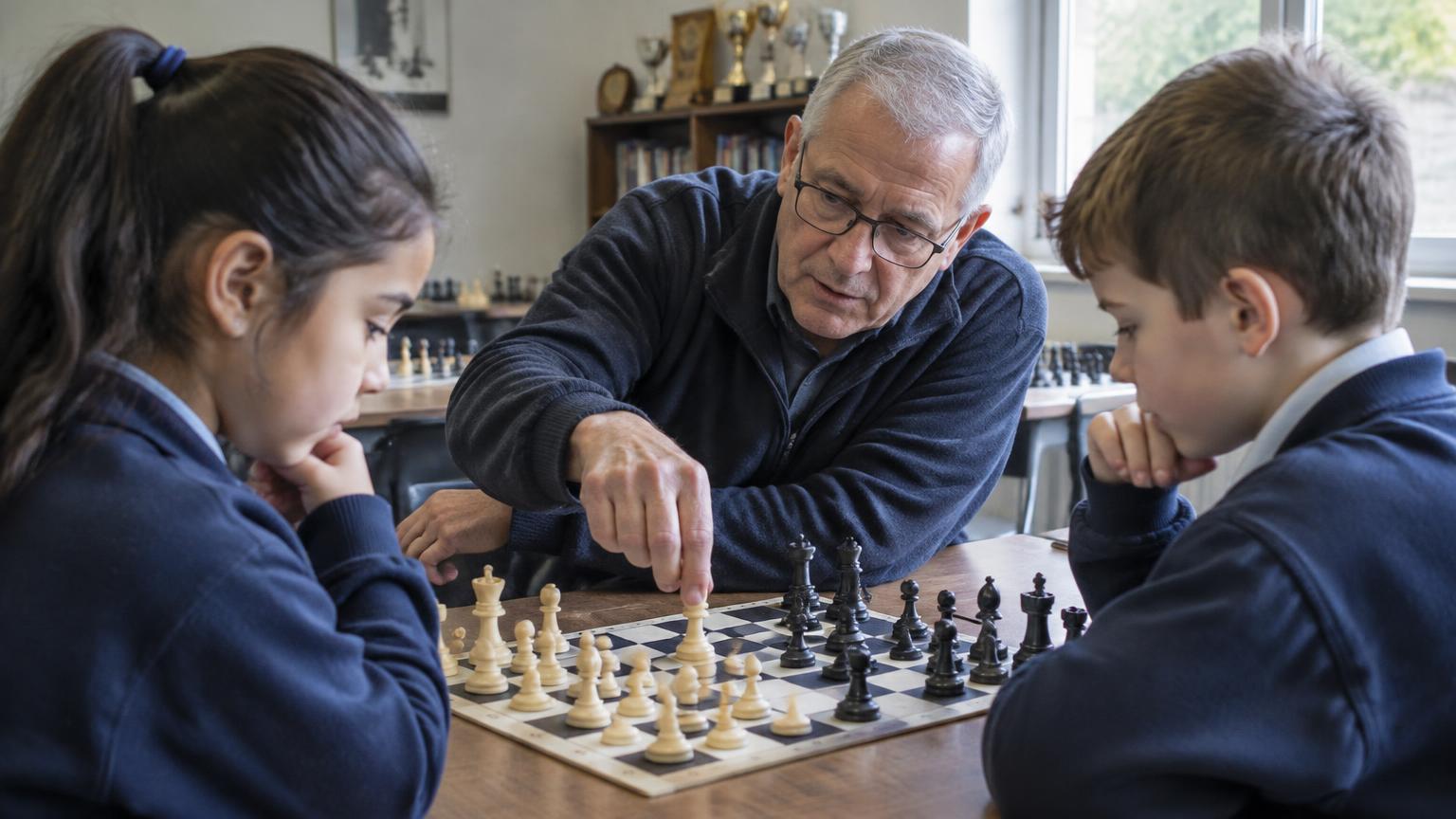 Vrijwilliger leert twee kinderen schaken