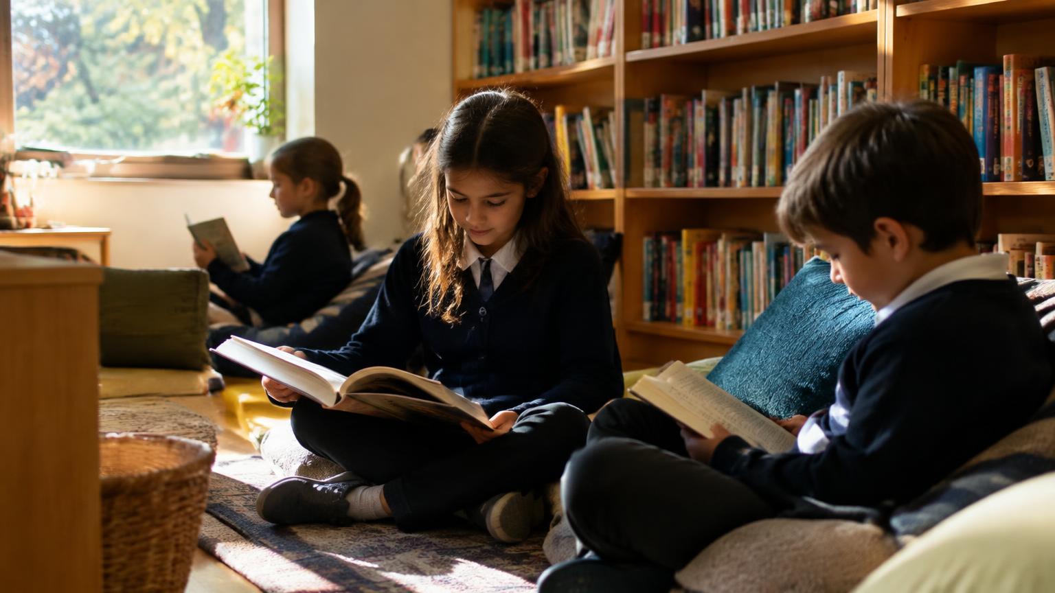 Kinderen lezen samen in de schoolbibliotheek
