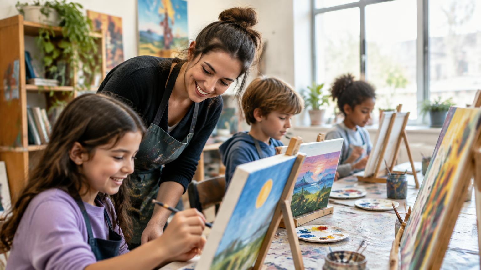Docent helpt kinderen bij het schilderen
